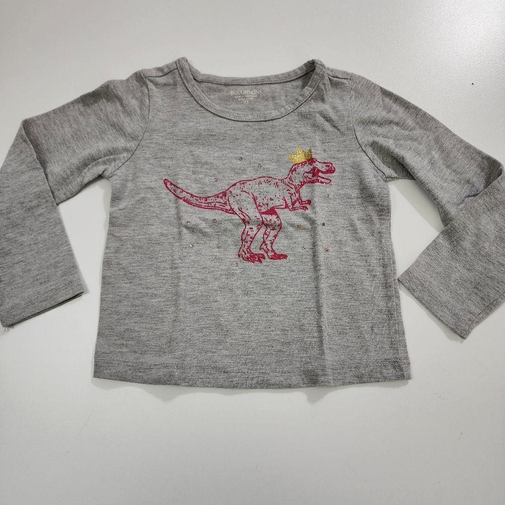 Toddler Girls Glitter T-Rex Dinosaur Queen Crown Grey T-Shirt Toughskins 2t
